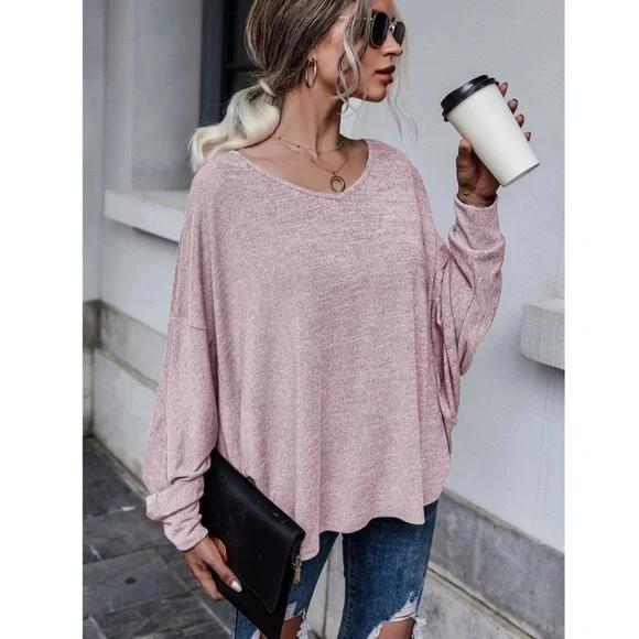 Pink Long Sleeve Tee Shirt V Cut Back Tie Back Long Sleeve Oversized - Picture 5 of 8